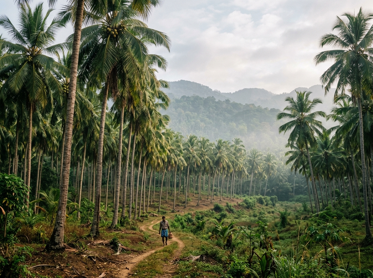 Lush coconut tree plantation in Sri Lanka